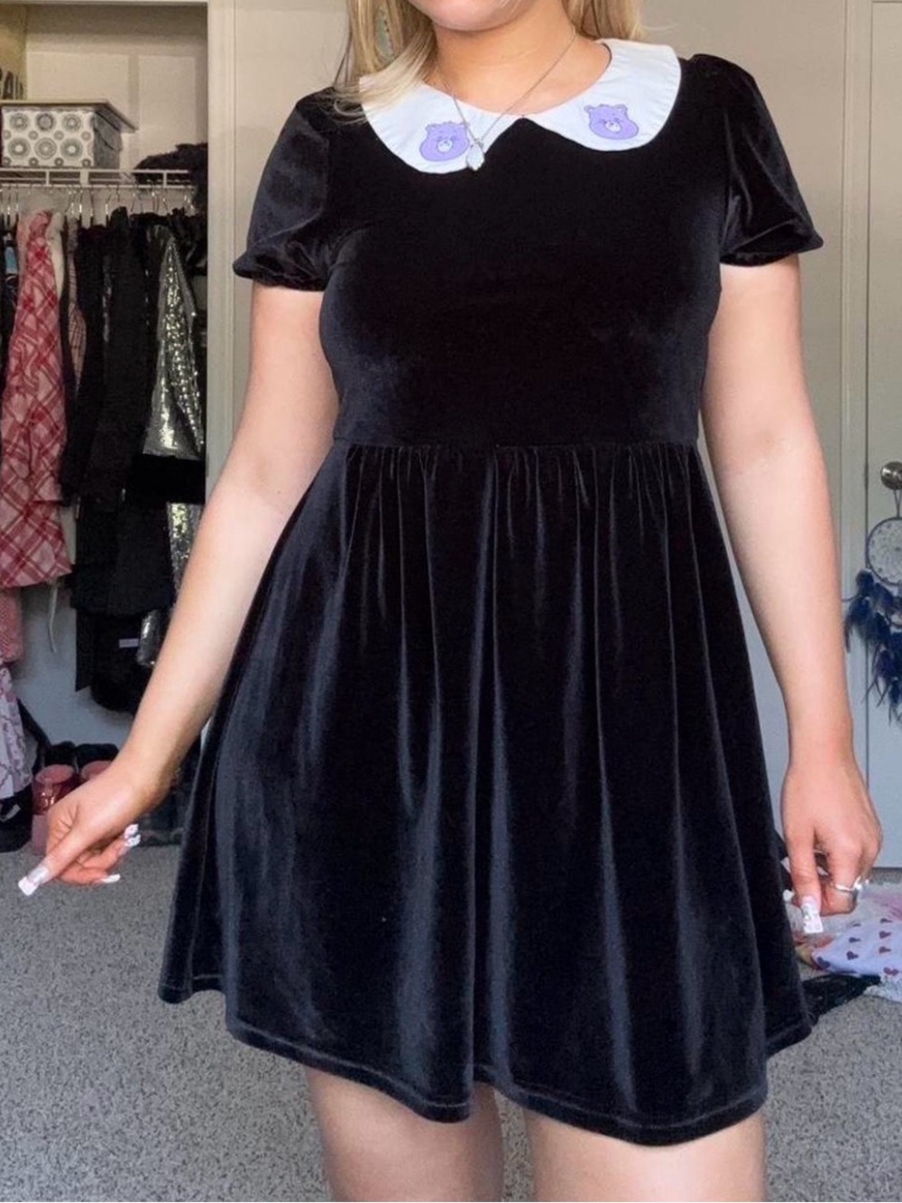 Dolls Kill x Care Bears Stretch Velvet Mini Babydoll Dress Peter Pan Collar Sz S